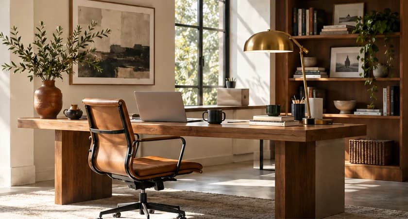 A home office with a wooden desk, a task chair and natural light